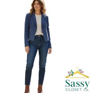 ZARA Basic Blue Textured Open Front Jacket Zip Pockets 3/4 Sleeve XS EUC